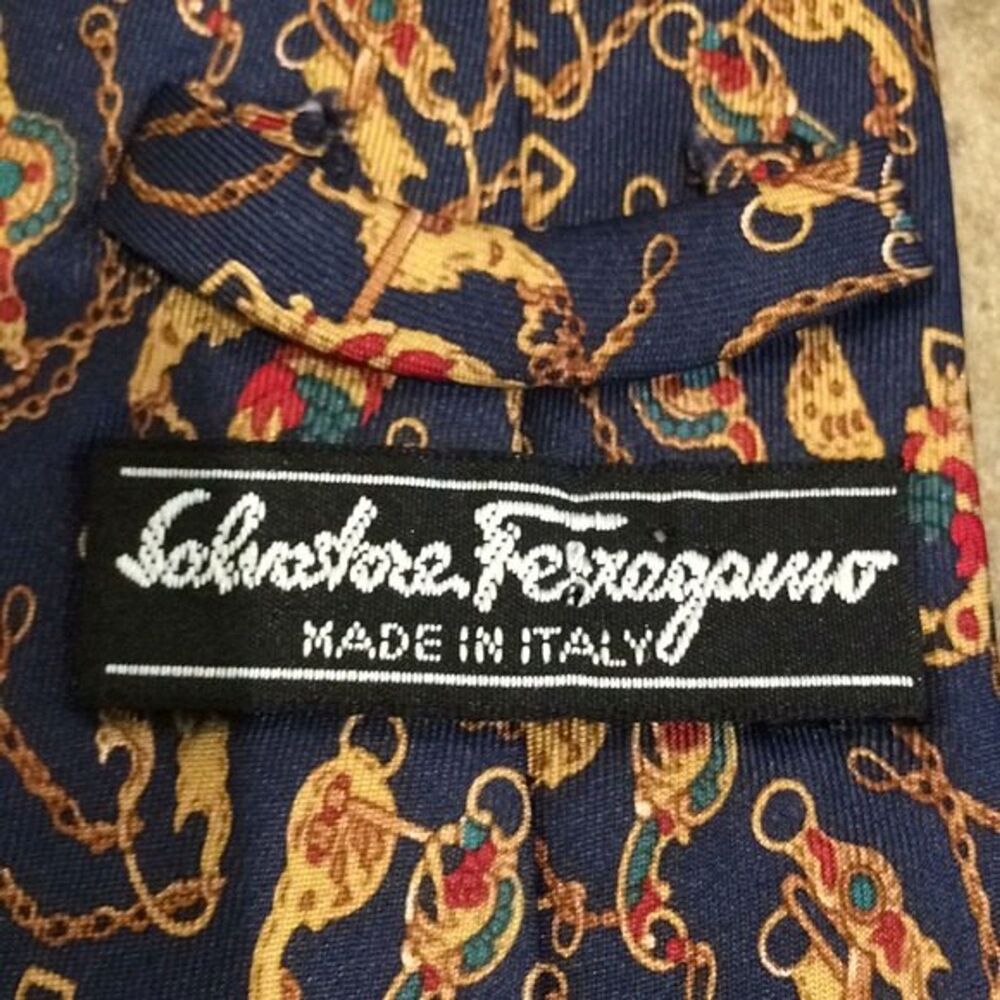 Salvatore Ferragamo Blue Gold Horse Bit Silk Tie Made in Italy Designer Preppy - Picture 2 of 10